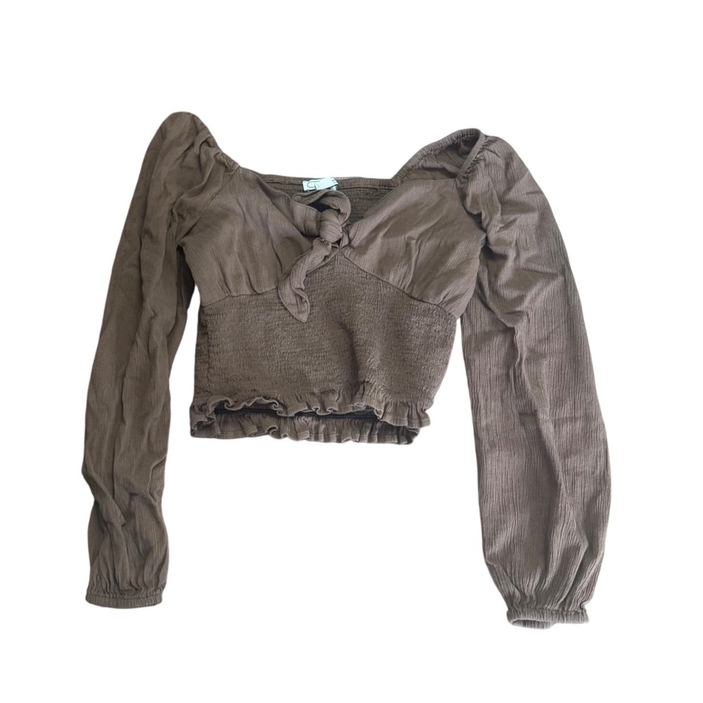 American Eagle Smocked Crop Top Women's‎ Size S Brown Long Sleeve Tie Front